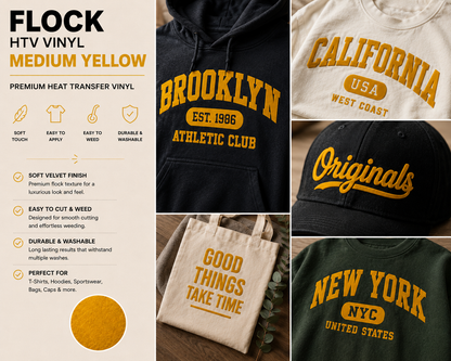 Crafted ByU Medium Yellow Flock HTV Vinyl Soft Velvet Heat Transfer Vinyl application examples on finished custom craft projects