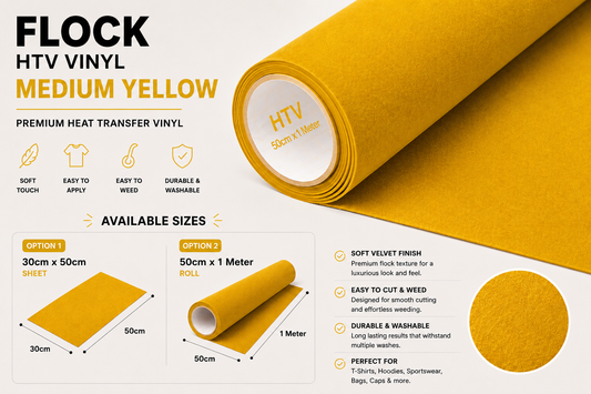 Crafted ByU Medium Yellow Flock HTV Vinyl Soft Velvet Heat Transfer Vinyl product guide showing the colour, finish and available options