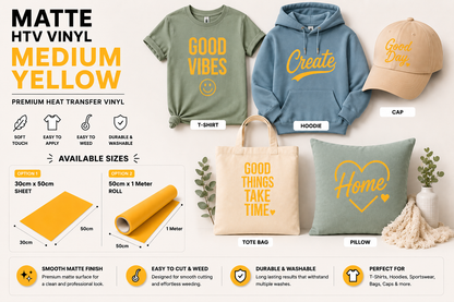 Crafted ByU Medium Yellow Heat Transfer Vinyl For T-Shirt Iron On Vinyl Roll application examples on finished custom craft projects