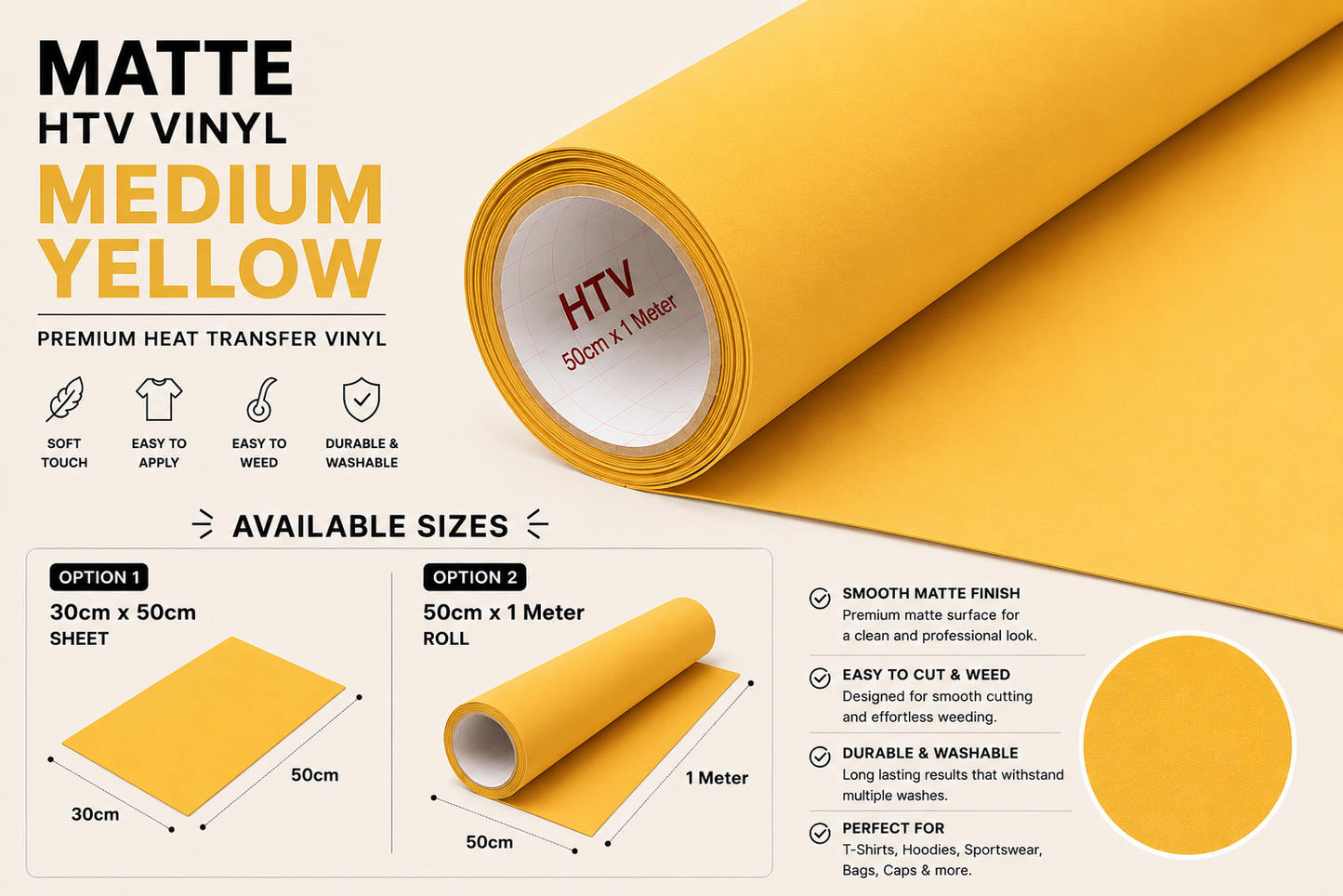 Crafted ByU Medium Yellow Heat Transfer Vinyl For T-Shirt Iron On Vinyl Roll product guide showing the colour, finish and available options