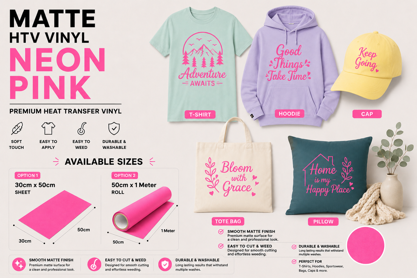 Crafted ByU Neon Pink Heat Transfer Vinyl For T-Shirt Iron On Vinyl Roll application examples on finished custom craft projects