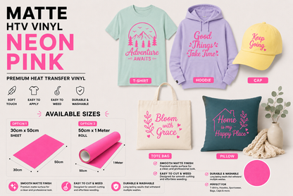 Crafted ByU Neon Pink Heat Transfer Vinyl For T-Shirt Iron On Vinyl Roll application examples on finished custom craft projects