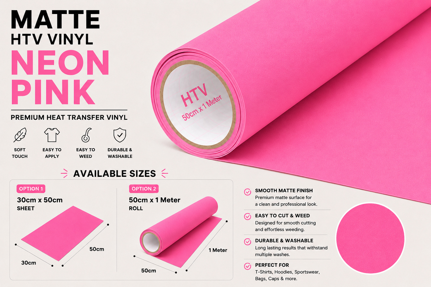 Crafted ByU Neon Pink Heat Transfer Vinyl For T-Shirt Iron On Vinyl Roll product guide showing the colour, finish and available options