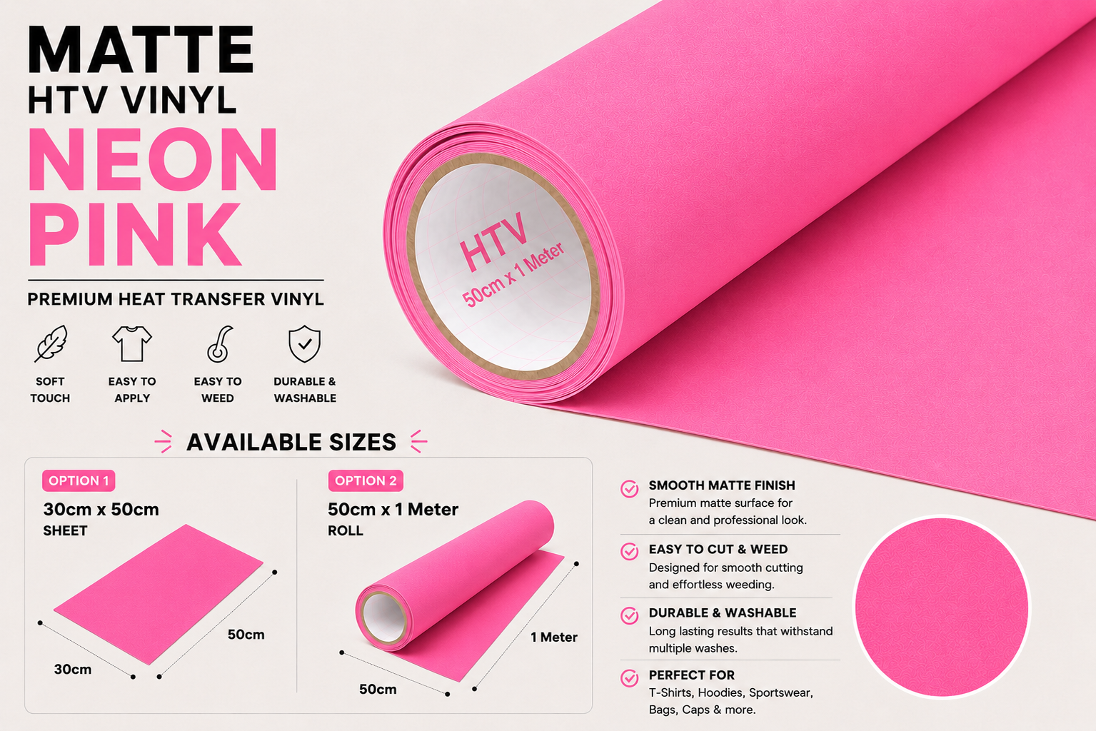 Crafted ByU Neon Pink Heat Transfer Vinyl For T-Shirt Iron On Vinyl Roll product guide showing the colour, finish and available options