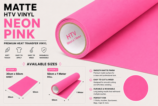 Crafted ByU Neon Pink Heat Transfer Vinyl For T-Shirt Iron On Vinyl Roll product guide showing the colour, finish and available options