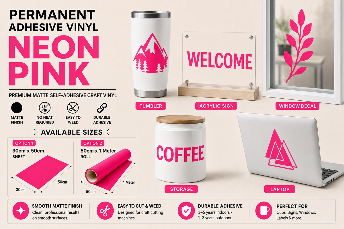 Neon Pink Matte Permanent Adhesive Vinyl application examples on tumbler, acrylic sign, window, storage container and laptop