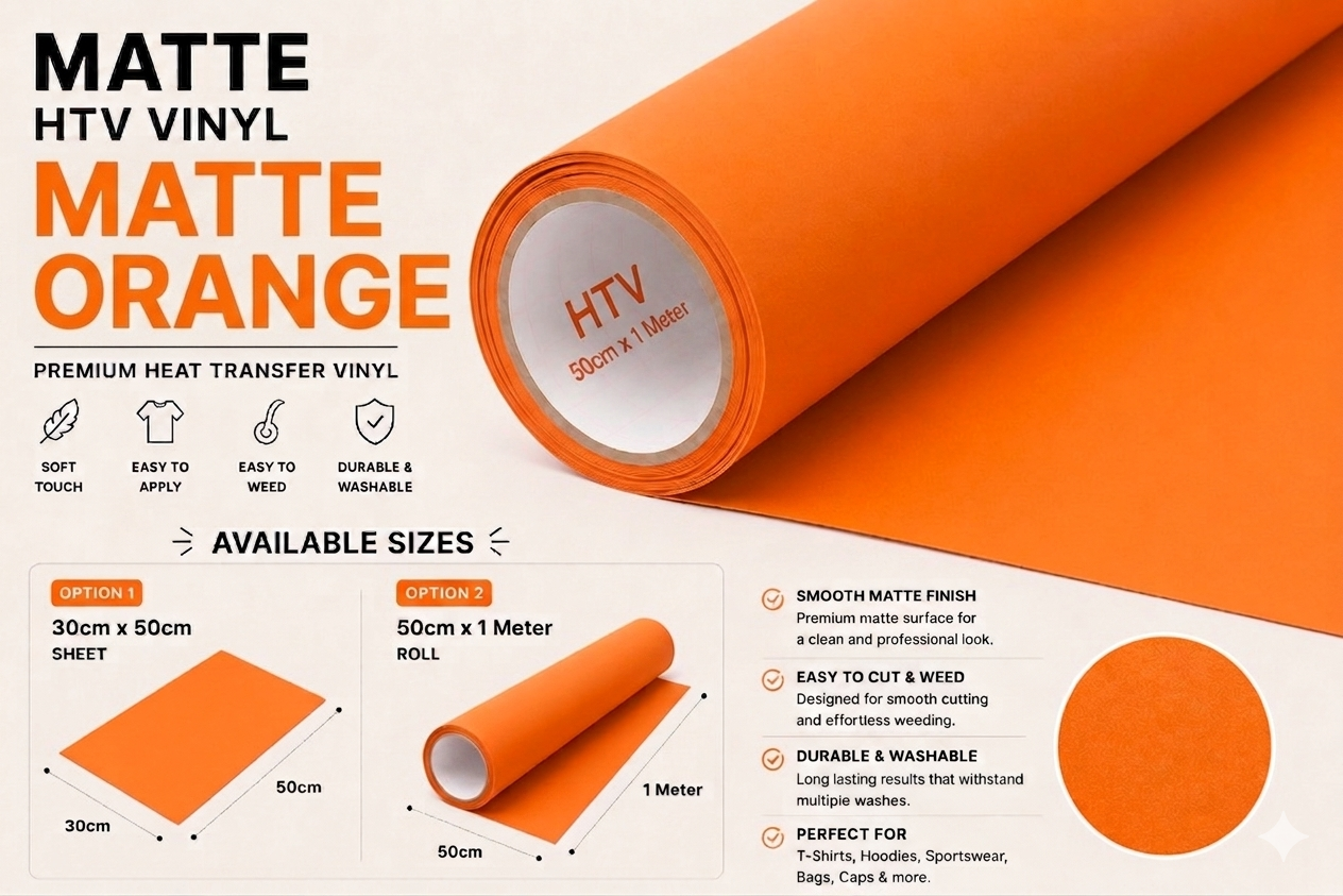 Crafted ByU Orange Heat Transfer Vinyl For T-Shirt Iron On Vinyl Roll product guide showing the colour, finish and available options