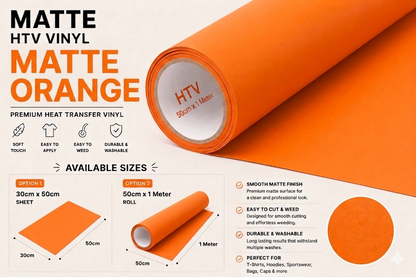 Crafted ByU Orange Heat Transfer Vinyl For T-Shirt Iron On Vinyl Roll product guide showing the colour, finish and available options
