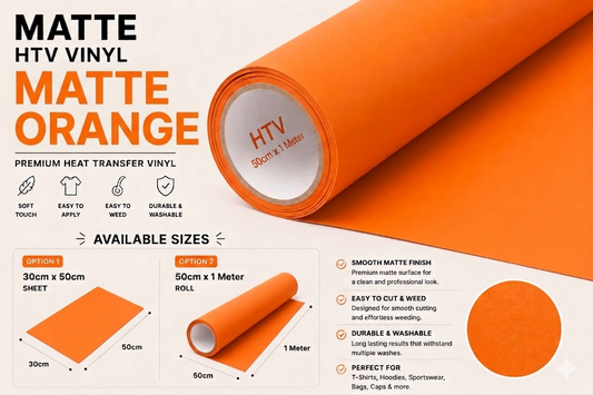 Crafted ByU Orange Heat Transfer Vinyl For T-Shirt Iron On Vinyl Roll product guide showing the colour, finish and available options