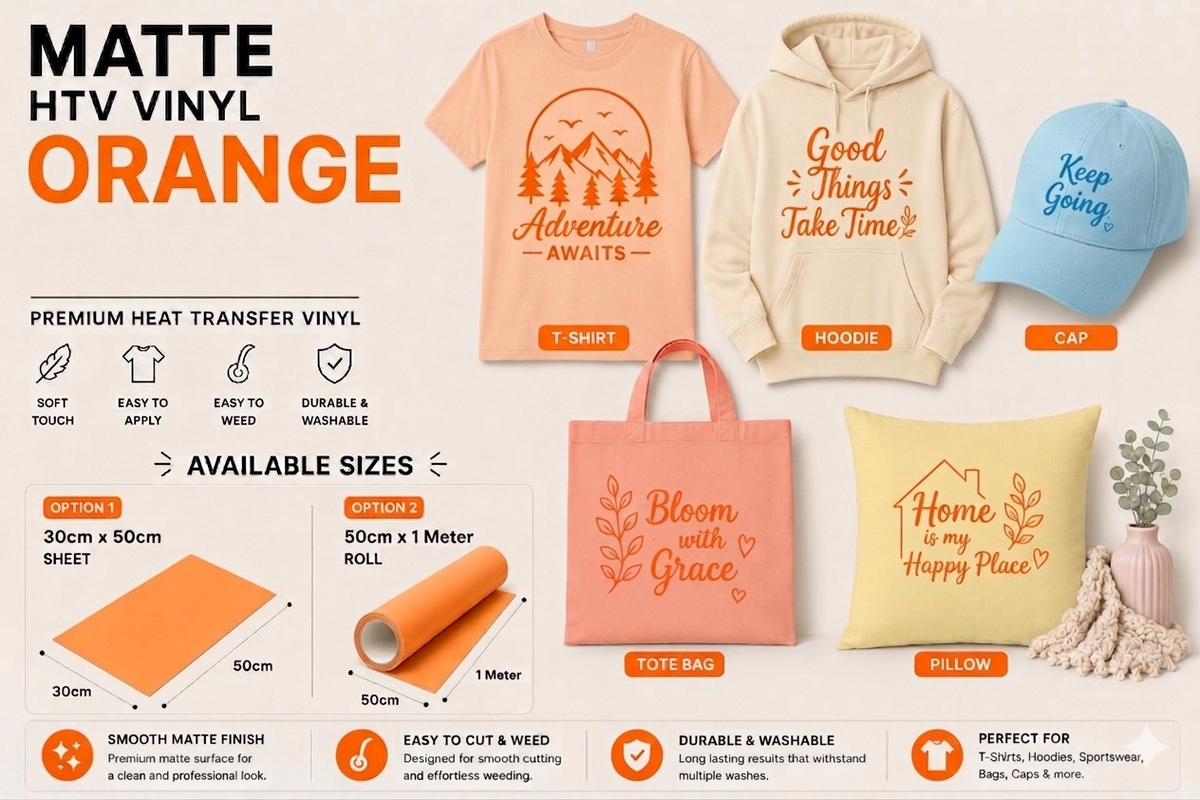 Crafted ByU Orange Heat Transfer Vinyl For T-Shirt Iron On Vinyl Roll application examples on finished custom craft projects