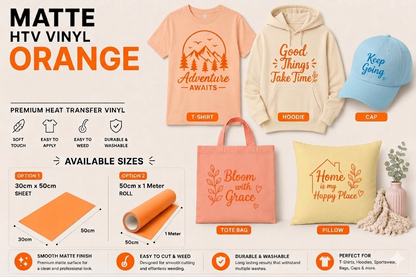 Crafted ByU Orange Heat Transfer Vinyl For T-Shirt Iron On Vinyl Roll application examples on finished custom craft projects