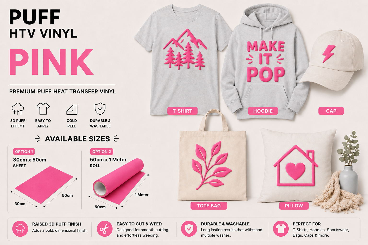 Pink Puff HTV Vinyl application examples on T-shirt, hoodie, cap, tote bag and cushion
