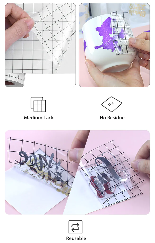 Crafted ByU Clear Grid Transfer Paper Tape Roll For Adhesive Vinyl application examples on finished custom craft projects