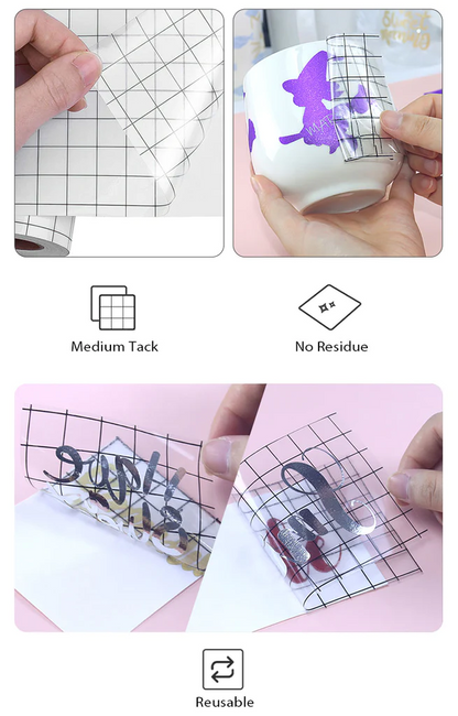 Crafted ByU Clear Grid Transfer Paper Tape Roll For Adhesive Vinyl application examples on finished custom craft projects