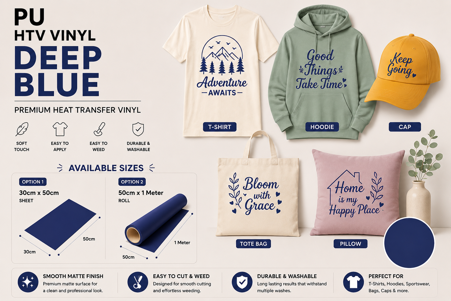 Crafted ByU Deep Blue PU Heat Transfer Vinyl For T-Shirt Iron On Vinyl Roll application examples on finished custom craft projects