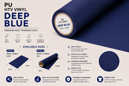 Crafted ByU Deep Blue PU Heat Transfer Vinyl For T-Shirt Iron On Vinyl Roll product guide showing the colour, finish and available options