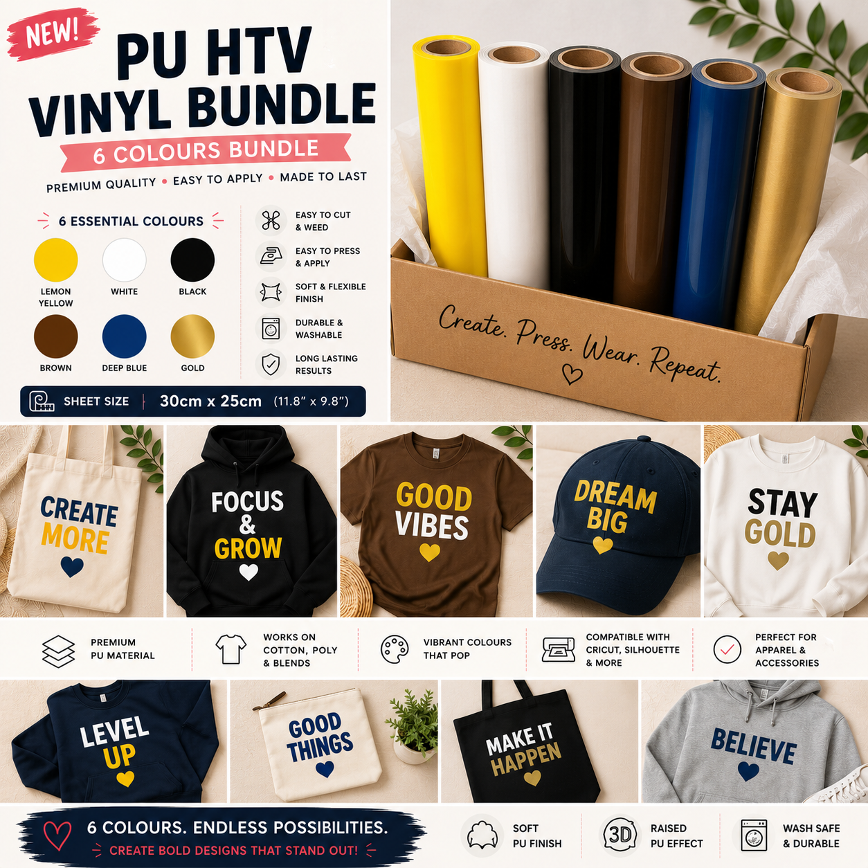 Crafted ByU PU HTV Vinyl Bundle Essential Colours Pack (6 Sheets) application examples on finished custom craft projects