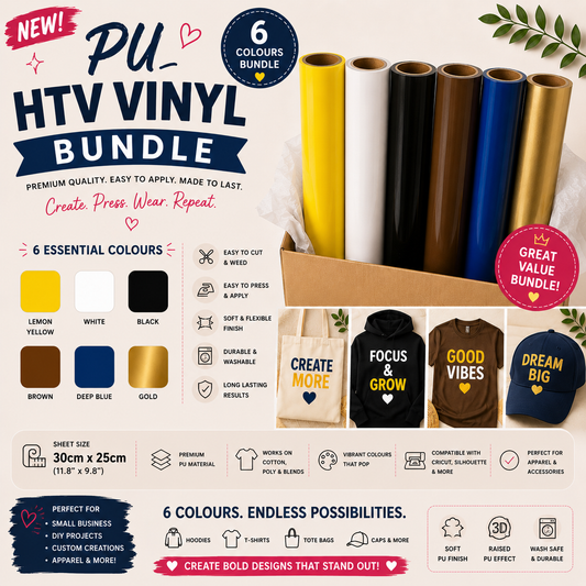 Crafted ByU PU HTV Vinyl Bundle Essential Colours Pack (6 Sheets) product guide showing the colour, finish and available options