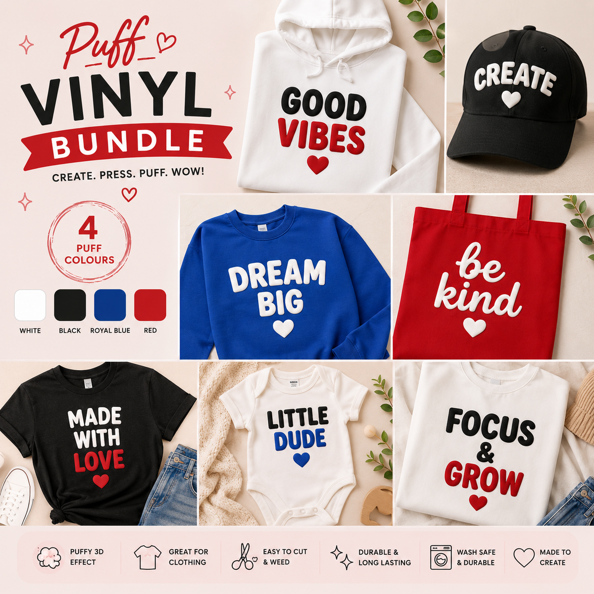 Crafted ByU Puff Vinyl Bundle 4 Essential Colours application examples on finished custom craft projects