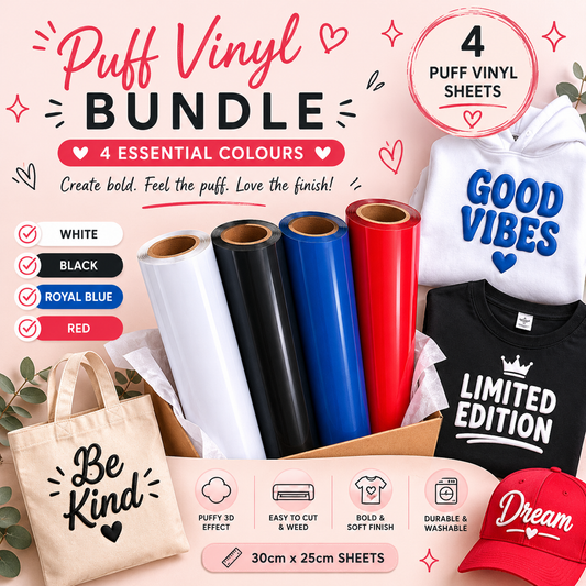 Crafted ByU Puff Vinyl Bundle 4 Essential Colours product guide showing the colour, finish and available options