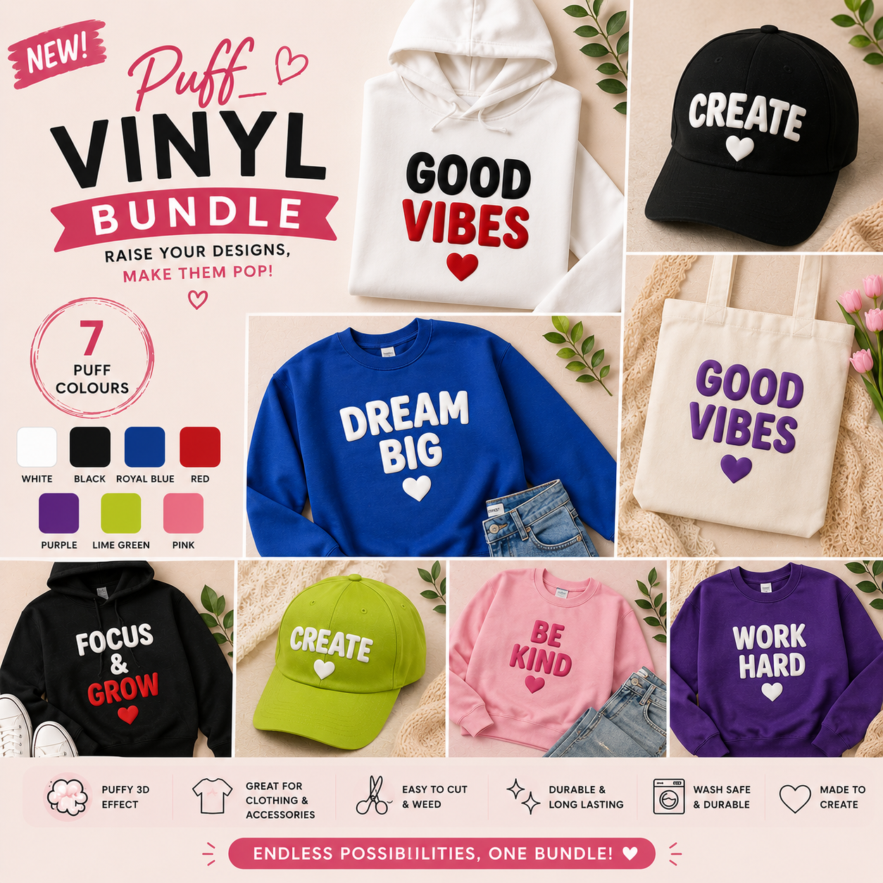Crafted ByU Puff Vinyl Ultimate Bundle 7 Essential Colours application examples on finished custom craft projects
