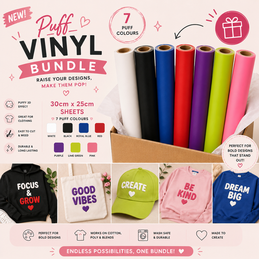 Crafted ByU Puff Vinyl Ultimate Bundle 7 Essential Colours product guide showing the colour, finish and available options