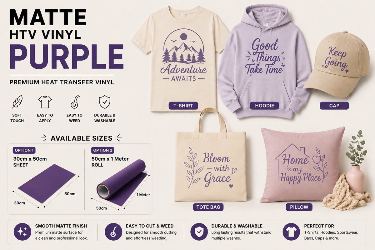 Crafted ByU Purple Heat Transfer Vinyl For T-Shirt Iron On Vinyl Roll application examples on finished custom craft projects