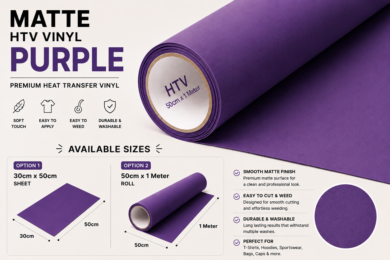 Crafted ByU Purple Heat Transfer Vinyl For T-Shirt Iron On Vinyl Roll product guide showing the colour, finish and available options