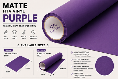 Crafted ByU Purple Heat Transfer Vinyl For T-Shirt Iron On Vinyl Roll product guide showing the colour, finish and available options