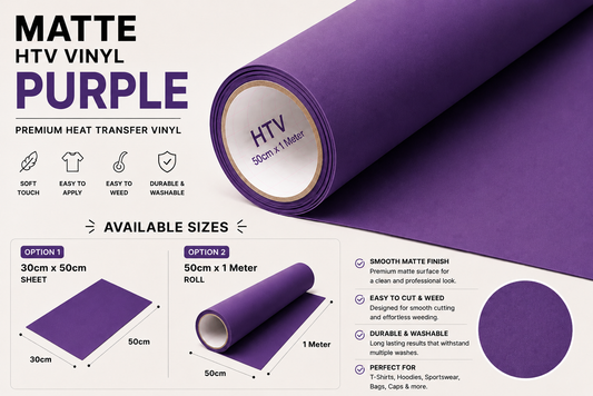 Crafted ByU Purple Heat Transfer Vinyl For T-Shirt Iron On Vinyl Roll product guide showing the colour, finish and available options