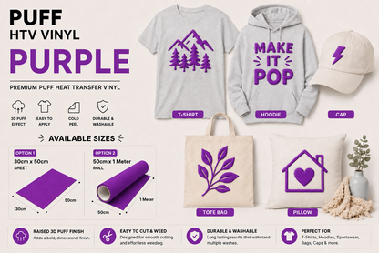 Purple Puff HTV Vinyl application examples on T-shirt, hoodie, cap, tote bag and cushion