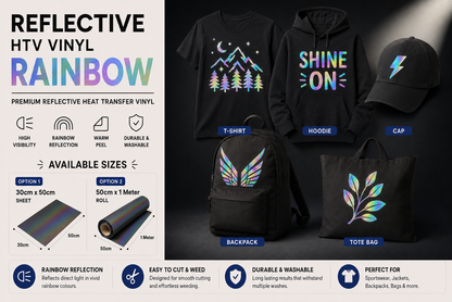 Rainbow Reflective HTV Vinyl application examples on T-shirt, hoodie, cap, backpack and tote bag