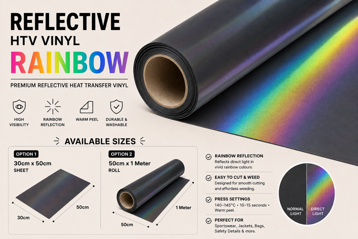Rainbow Reflective HTV Vinyl product information, direct-light rainbow reflection and available sizes