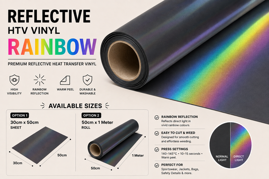 Rainbow Reflective HTV Vinyl product information, direct-light rainbow reflection and available sizes