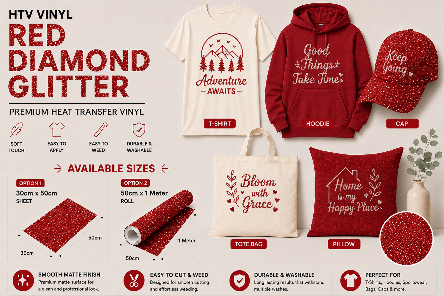 Crafted ByU Red Diamond Glitter Heat Transfer Vinyl For T-Shirt Iron On Vinyl Roll application examples on finished custom craft projects