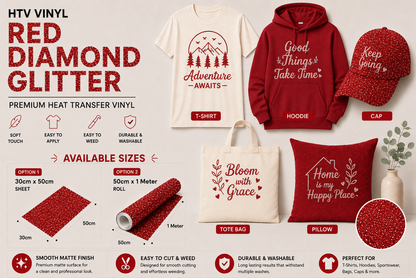 Crafted ByU Red Diamond Glitter Heat Transfer Vinyl For T-Shirt Iron On Vinyl Roll application examples on finished custom craft projects