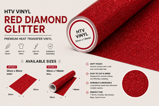 Crafted ByU Red Diamond Glitter Heat Transfer Vinyl For T-Shirt Iron On Vinyl Roll product guide showing the colour, finish and available options