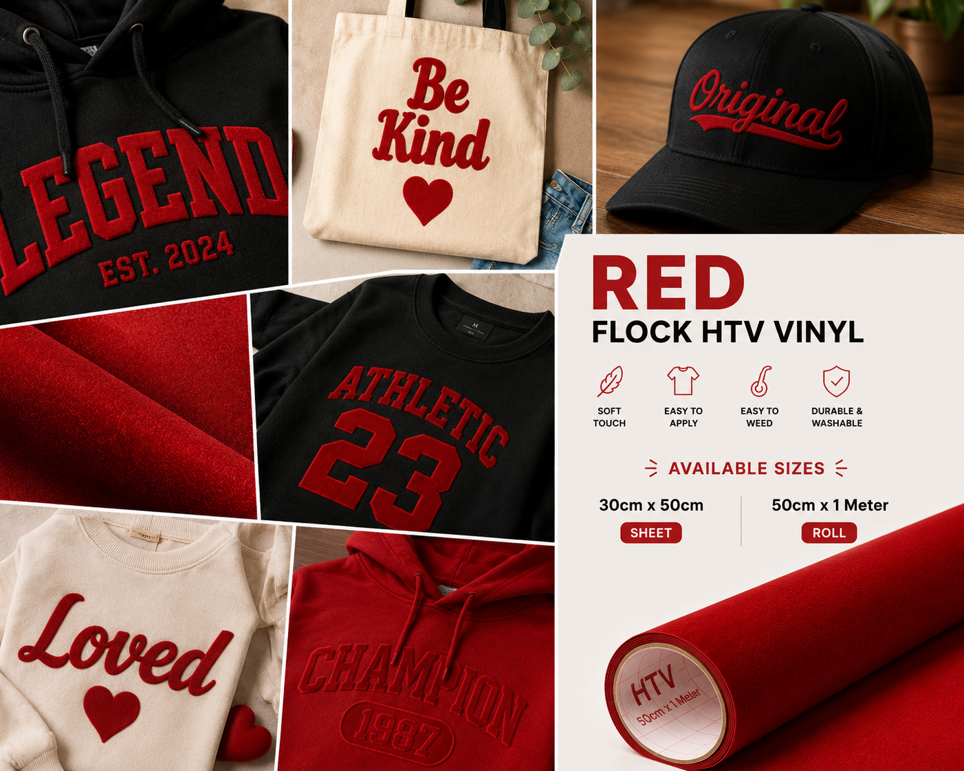 Crafted ByU Red Flock HTV Vinyl Soft Velvet Heat Transfer Vinyl application examples on finished custom craft projects