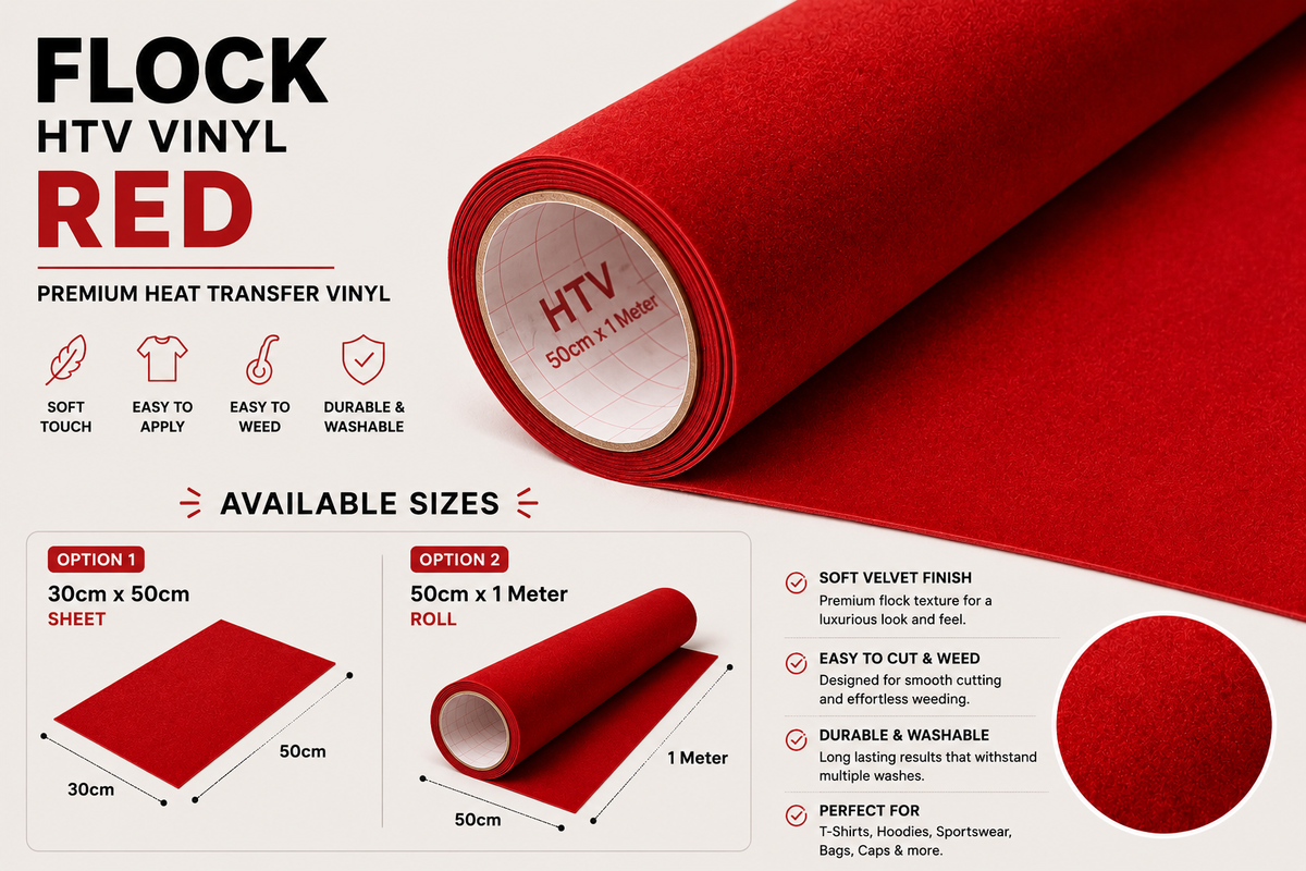 Crafted ByU Red Flock HTV Vinyl Soft Velvet Heat Transfer Vinyl product guide showing the colour, finish and available options