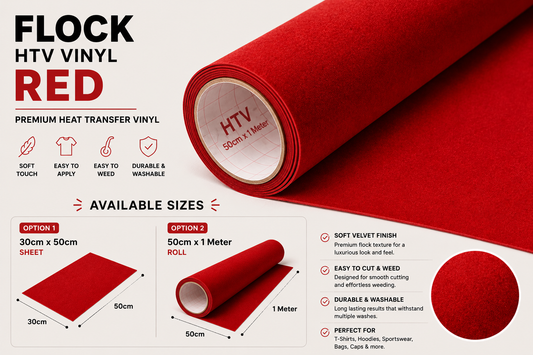 Crafted ByU Red Flock HTV Vinyl Soft Velvet Heat Transfer Vinyl product guide showing the colour, finish and available options