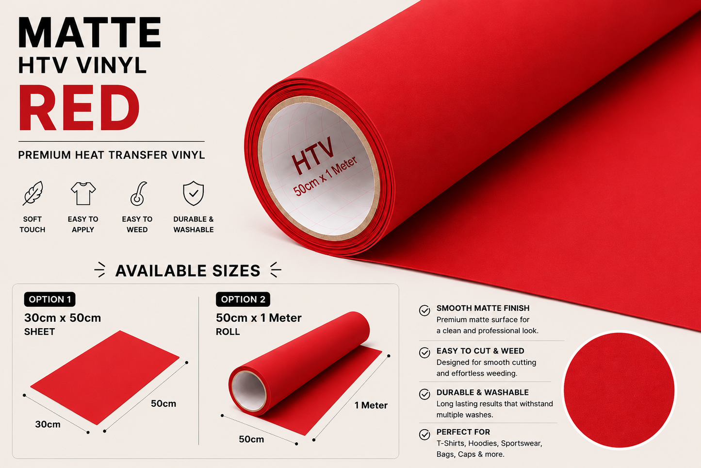 Crafted ByU Red Heat Transfer Vinyl For T-Shirt Iron On Vinyl Roll product guide showing the colour, finish and available options