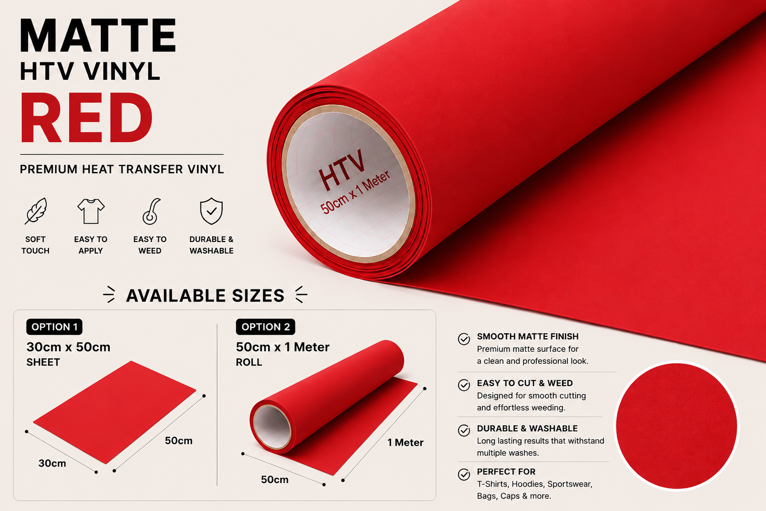 Crafted ByU Red Heat Transfer Vinyl For T-Shirt Iron On Vinyl Roll product guide showing the colour, finish and available options
