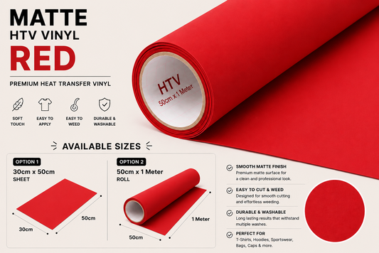 Crafted ByU Red Heat Transfer Vinyl For T-Shirt Iron On Vinyl Roll product guide showing the colour, finish and available options