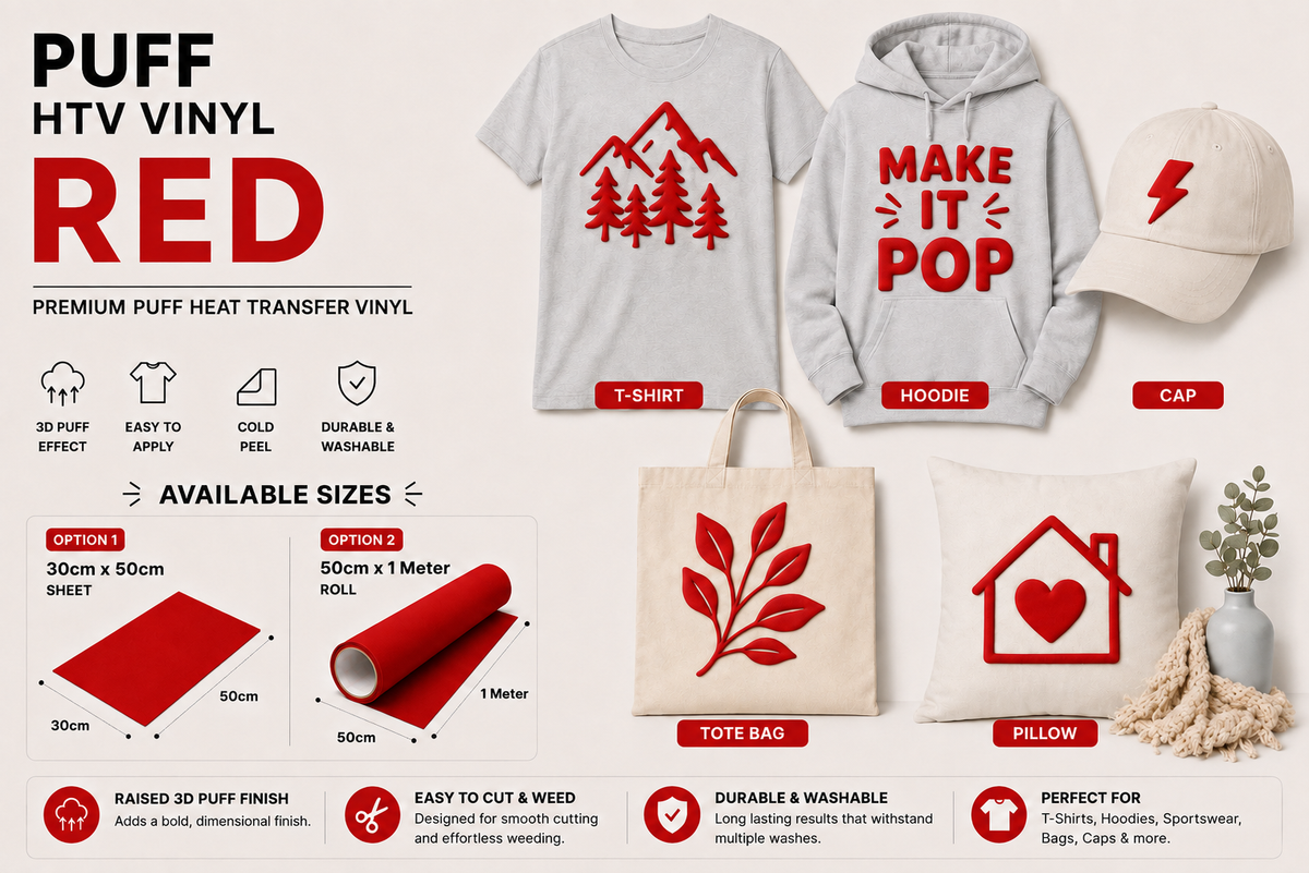 Red Puff HTV Vinyl application examples on T-shirt, hoodie, cap, tote bag and cushion