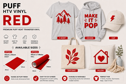 Red Puff HTV Vinyl application examples on T-shirt, hoodie, cap, tote bag and cushion