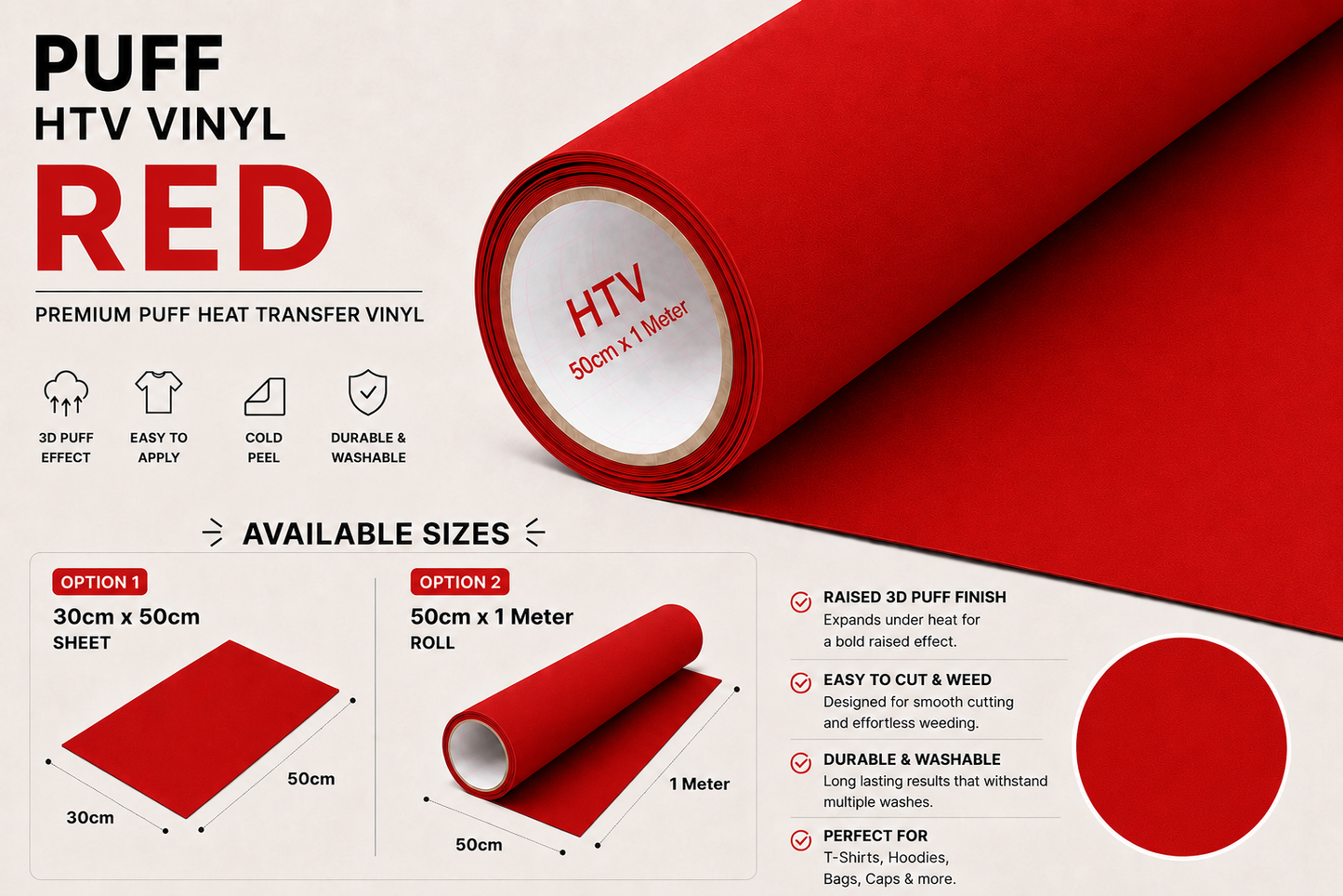 Red Puff HTV Vinyl product information, features and available sizes