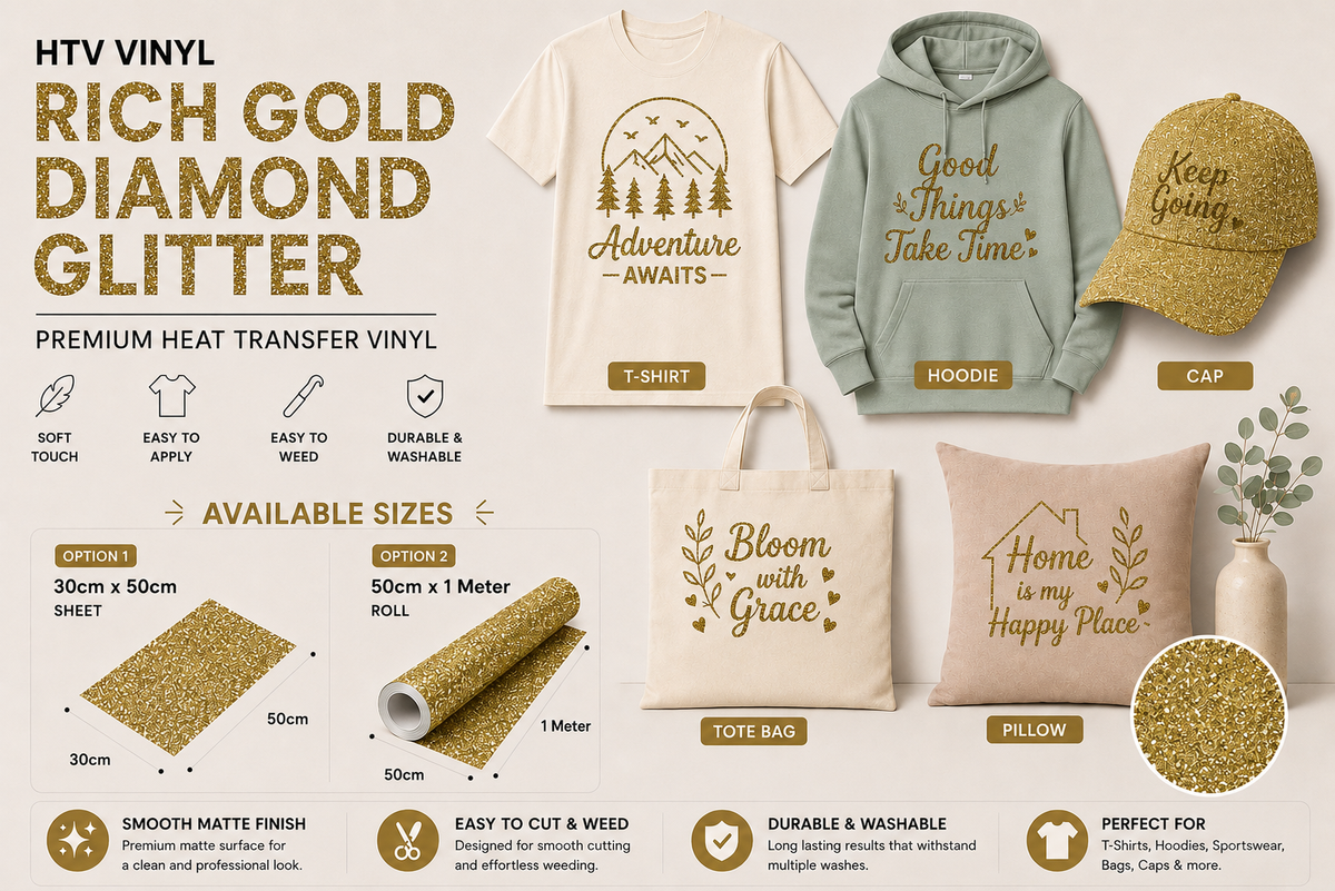 Crafted ByU Rich Gold Diamond Glitter Heat Transfer Vinyl For T-Shirt Iron On Vinyl Roll application examples on finished custom craft projects