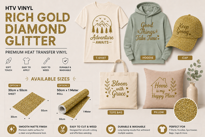 Crafted ByU Rich Gold Diamond Glitter Heat Transfer Vinyl For T-Shirt Iron On Vinyl Roll application examples on finished custom craft projects