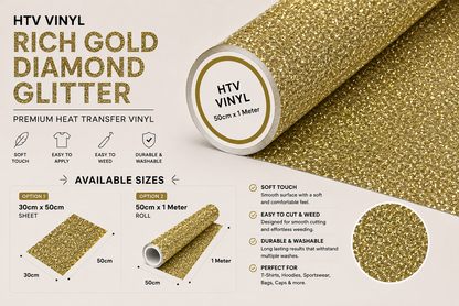 Crafted ByU Rich Gold Diamond Glitter Heat Transfer Vinyl For T-Shirt Iron On Vinyl Roll product guide showing the colour, finish and available options