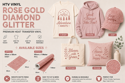 Crafted ByU Rose Gold Diamond Glitter Heat Transfer Vinyl For T-Shirt Iron On Vinyl Roll application examples on finished custom craft projects